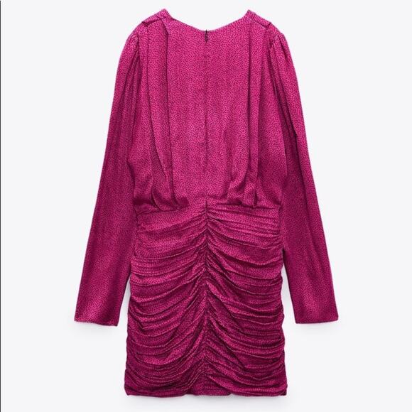 ZARA BLOGGER FAVORITE SATIN EFFECT PRINT DRESS FUCHSIA - Picture 12 of 14